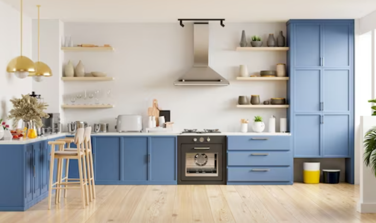 Cores de cozinha: armários azuis